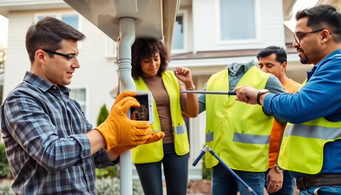 team cleaning downspouts at a suburban home.