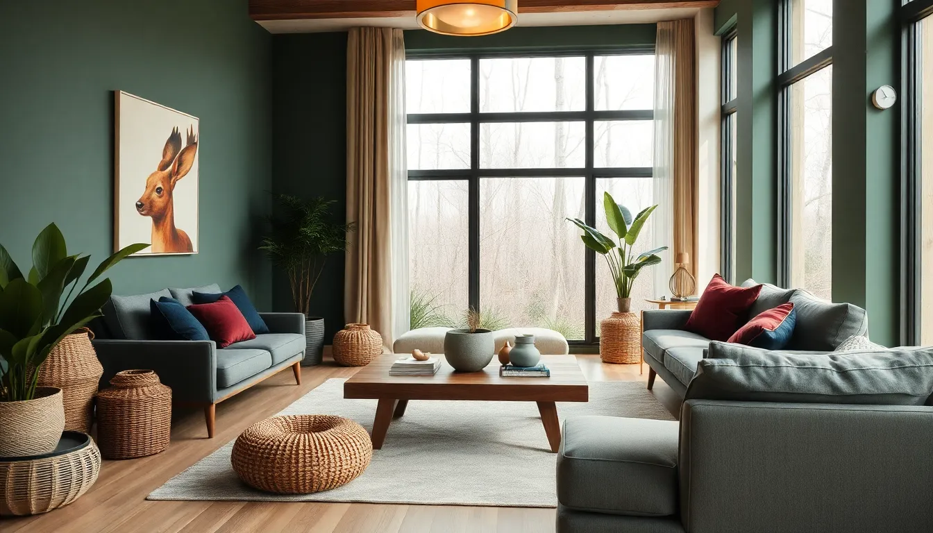 Modern living room with woodland-inspired decor and lighting.