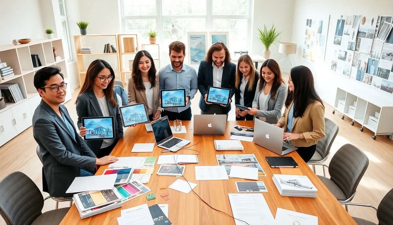 diverse designers collaborating with interior design resources in a modern studio.