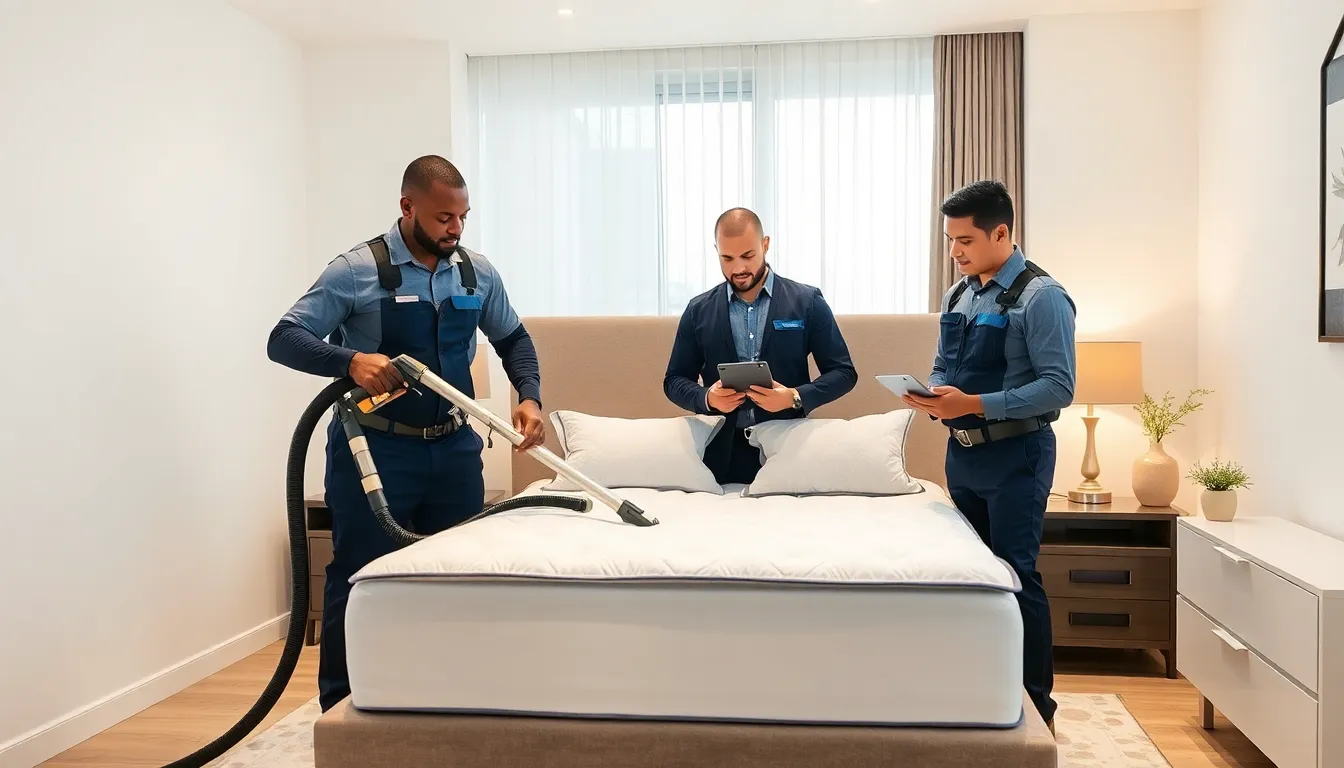 technicians cleaning a mattress in a modern bedroom.