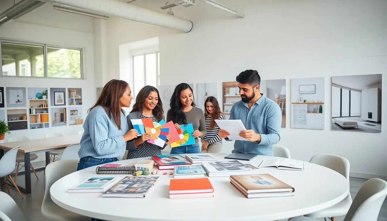 students collaborating in a modern classroom for interior decorating.
