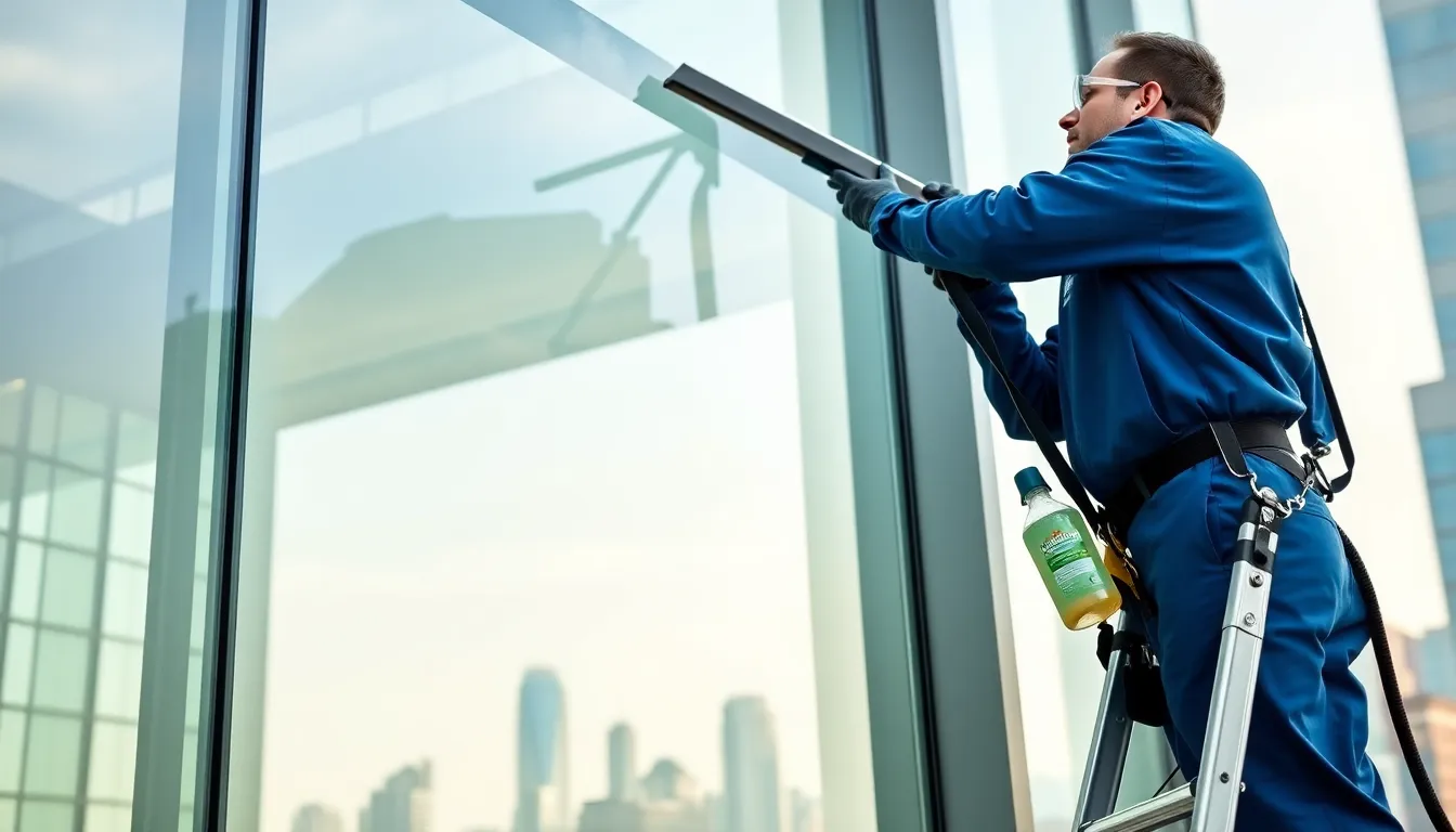 window cleaner using professional solution on a tall building.
