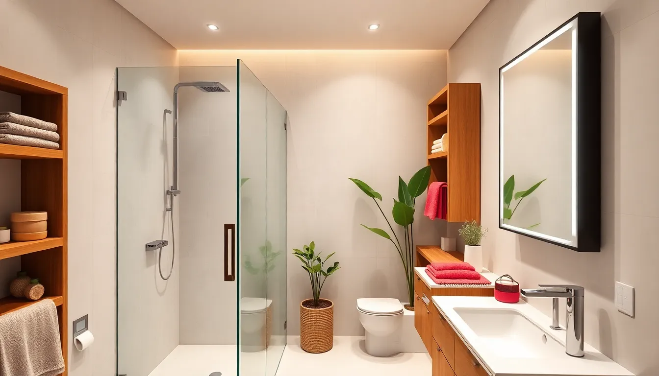 modern minimalist bathroom with bamboo accents and high-tech features.