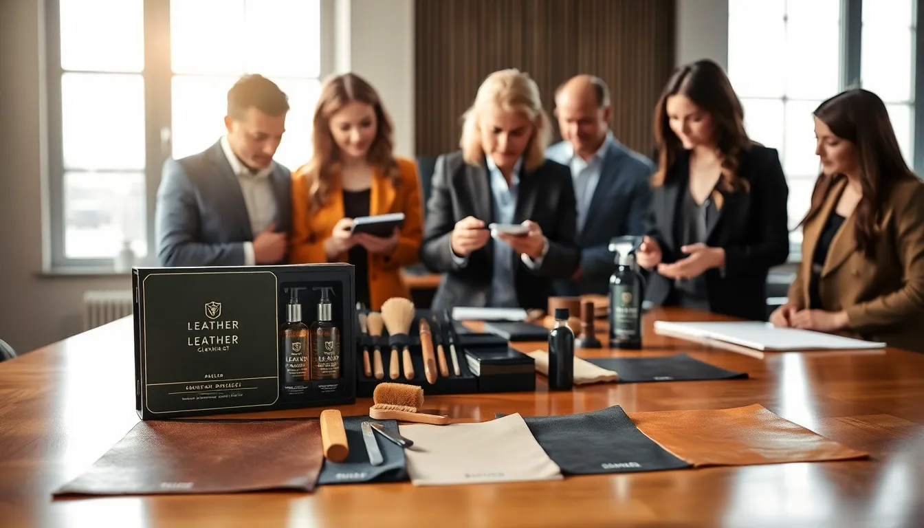 professionals examining leather types with cleaning products in a modern office.